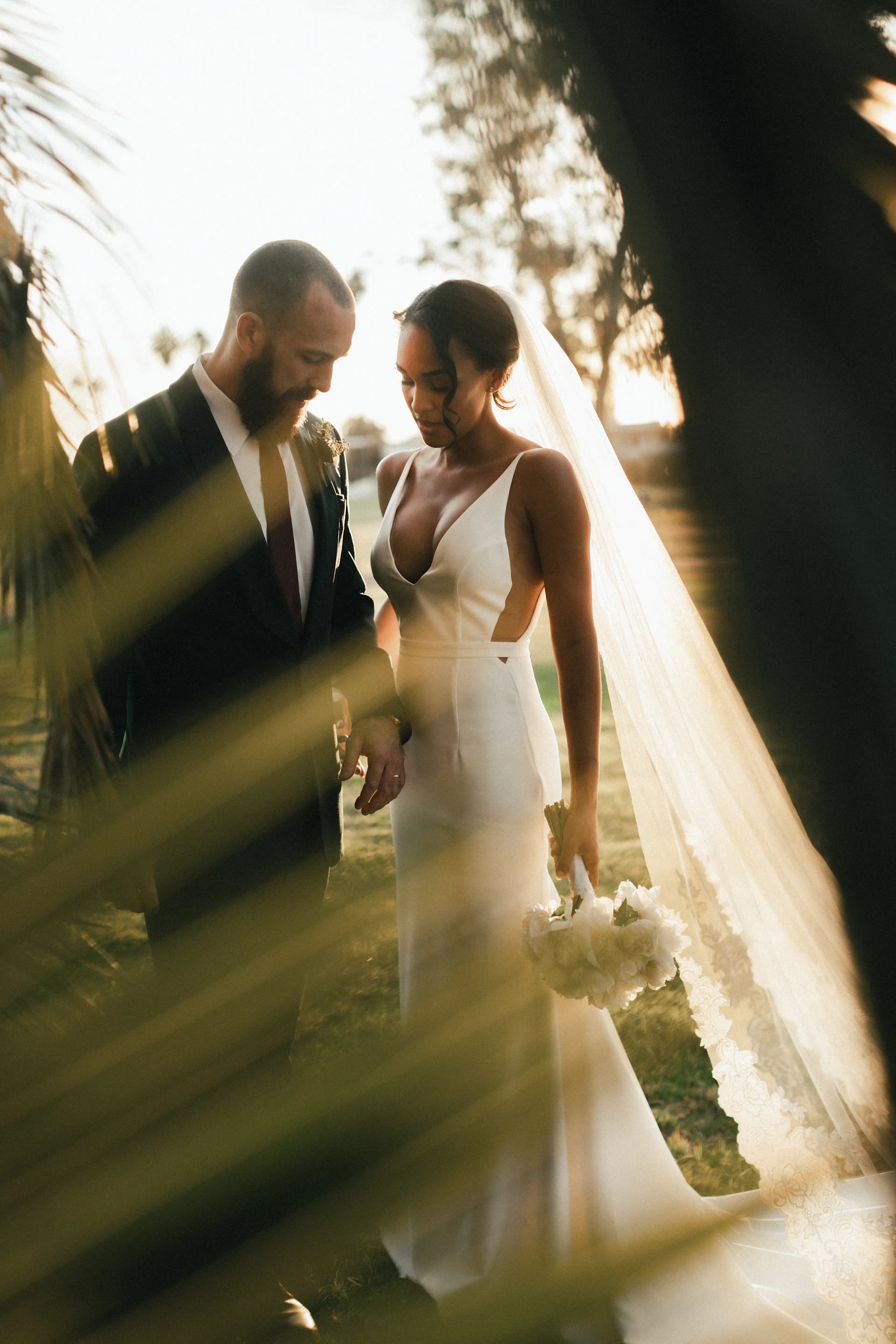 Bride and groom surrounded by a sunlit landscape